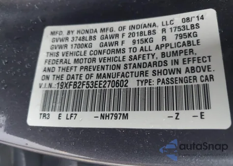 2014 Honda Civic Lx z USA, uszkodzony, nr VIN 19XFB2F53EE270602